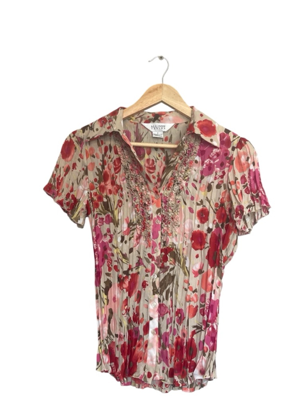 Allison Taylor Pink Floral Short-Sleeve Ruffle Button Blouse